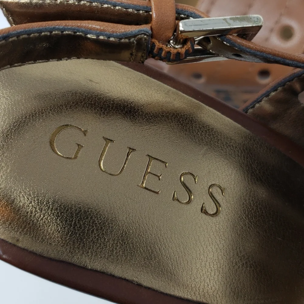 Guess Leather Platform Chunky Heeled Shoes Size 8.5 Brown Tan Heels‎ Ankle Strap